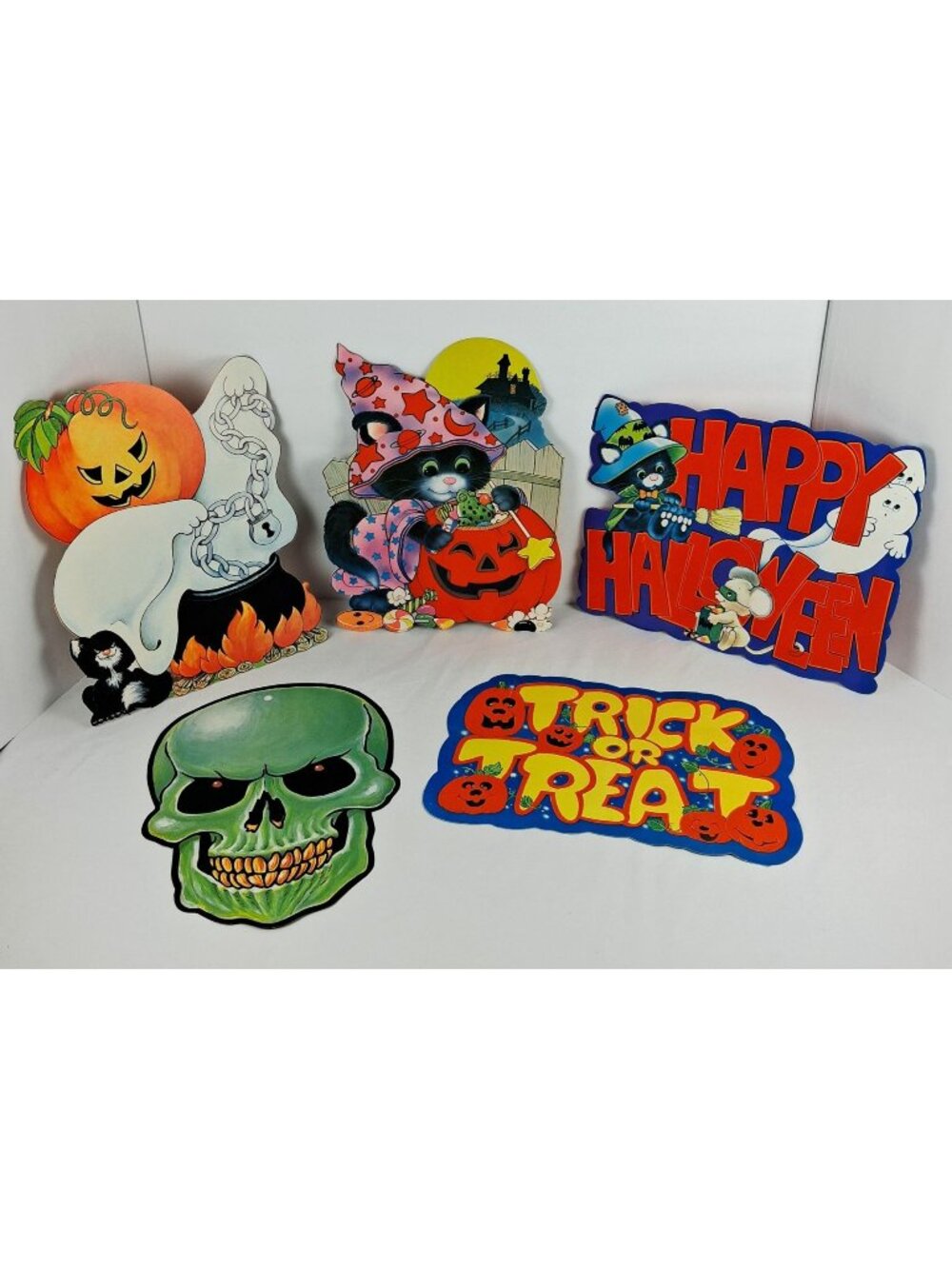 VTG Peck Halloween Flocked Double Sided Die-Cut 5 pcs Ghosts Cats Pumpkin Skull